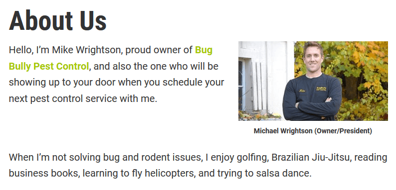 About Us Page Snapshot of Bug Bully Pest Control 