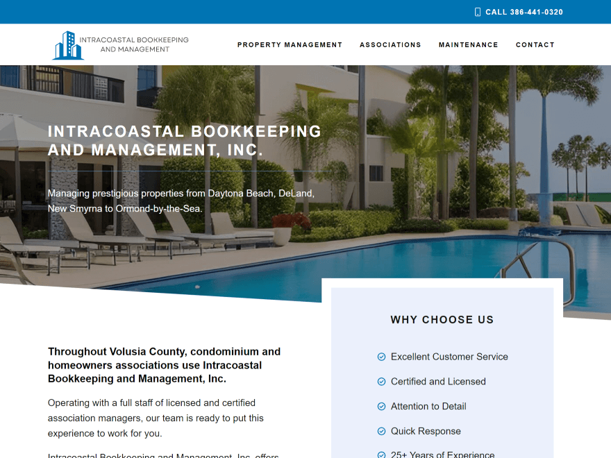 Website snapshot with photo of pool area and condo building