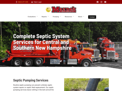 <center>Septic Services</center> Snapshot of red and black website for septic system contractor