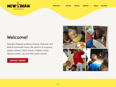 <center>Children's Entertainer</center> Screenshot of New Bern Puppets website in yellow and red colors