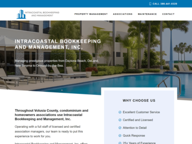 <center>Homeowners Association Bookkeeping</center> Website snapshot with photo of pool area and condo building