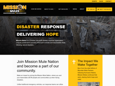 <center>Nonprofit Disaster Response</center> yellow and black disaster response website snapshot